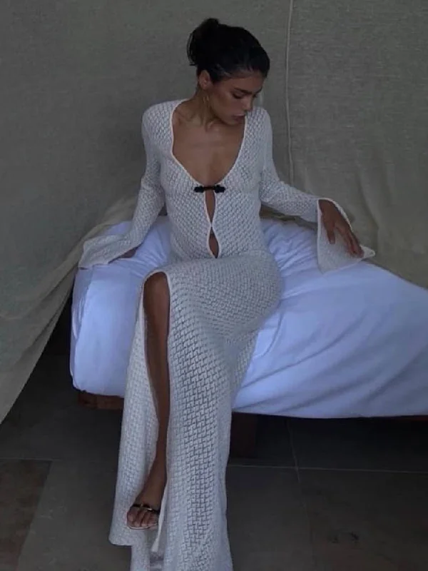 Summer Beach Holiday Knitted Maxi Dress Outfits for Women Party Club Long Sleeve See Through Dresses Hollow Out Stylish Boho Chic Maxi Dress