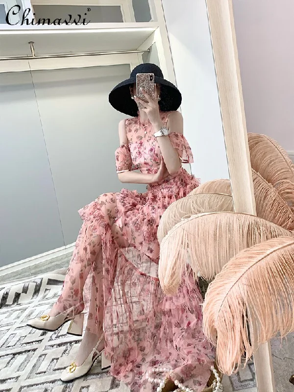 Summer Dresses 2022 Women's Clothing High-End  Floral Off-Shoulder Fairy Dress Mori High Waist Slim Maxi Dress Women Fashionable Button-Down Maxi Dress