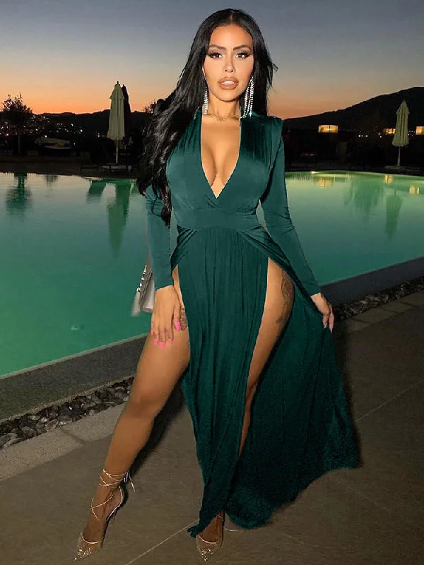 V Neck Solid Color Long Sleeve Slit Maxi Dresses Trendy V-Neck Maxi Dress