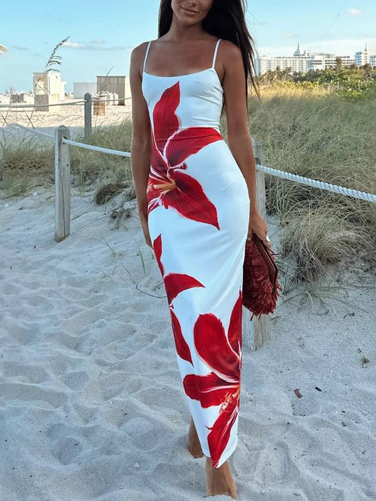 Summer Printed Maxi Dress For Women Backless Fashion Slim High Waist Spaghetti Dress Holiday Patchwork Female Long Dress Trendy Floral Print Maxi Dress