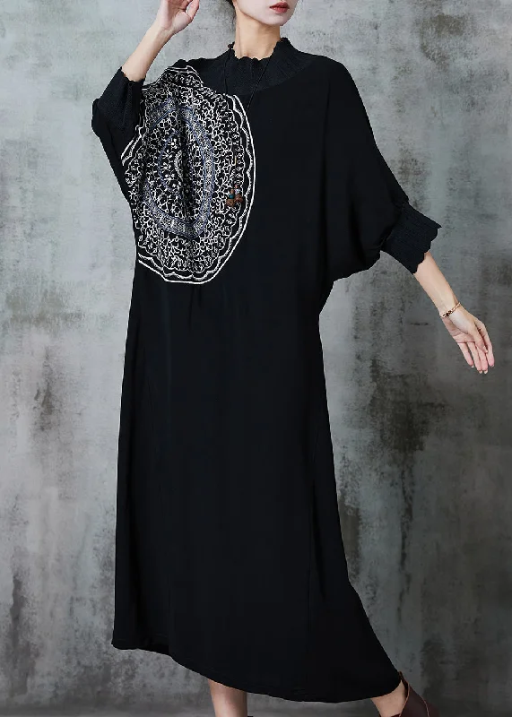 Unique Black Oversized Cotton Maxi Dresses Batwing Sleeve Fashionable Chiffon Tiered Maxi Dress