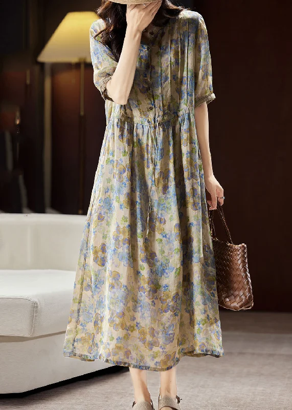 Unique Blue Stand Collar Print Button Linen Maxi Dresses Summer Elegant Lace Maxi Dress