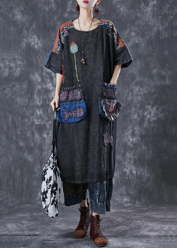 Vintage Black Embroideried Patchwork Applique Denim Maxi Dresses Summer Stylish V-Neck Maxi Dress