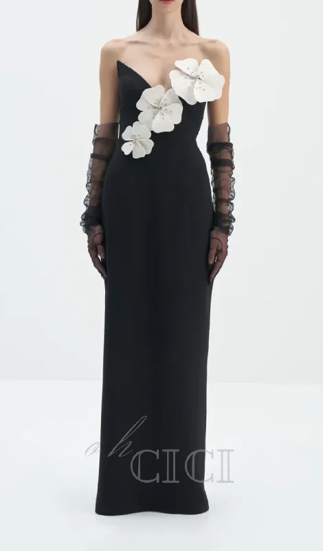 WHITE FLOWER EMBELLISHED MAXI DRESS IN BLACK Trendy Floral Print Maxi Dress