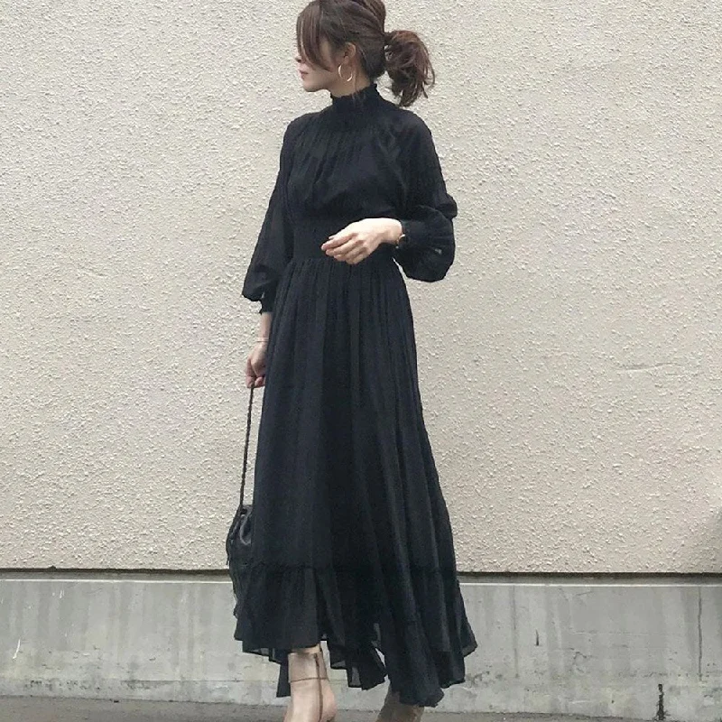 Women Black Dress Long Sleeve Ruffle A Line High Waisted Female Korean One Piece Sweet Office Lady Spring Maxi Dress Elegant Boho Maxi Dress