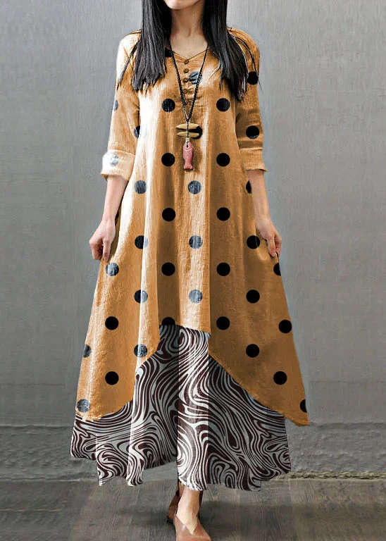 Women Long Sleeve Double Layers Button Asymmetric Orange polka dots Maxi Dress Cozy Ribbed Maxi Dress