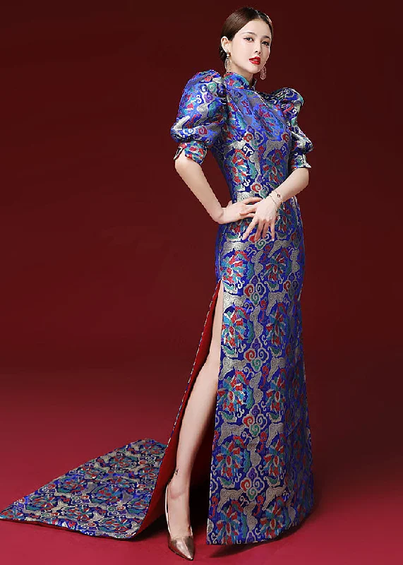 Women Royal Blue Embroidered Side Open Silk Mopping Maxi Dresses Puff Sleeve Elegant Lace Maxi Dress