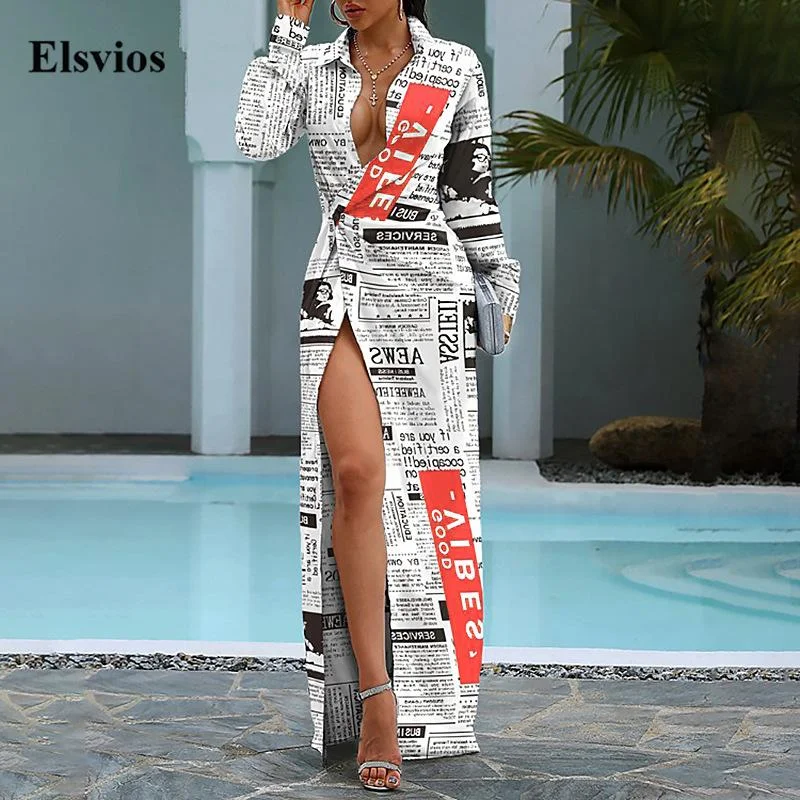 Women Turn-down Collar High Slit Sexy Long Dress Elegant Long Sleeve Party Maxi Dress Newspaper Print Lady Shirt Dresses Trendy V-Neck Maxi Dress