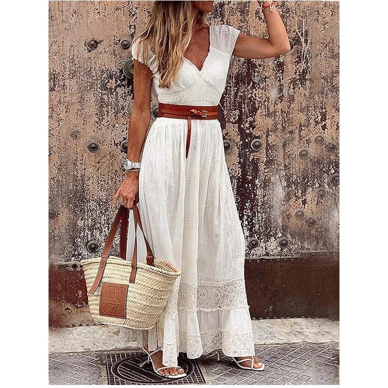 Women's Clothing 2022 Summer V-neck Vintage Party Dress Female White Lace Elegant Maxi Dresses Casual Beach Long Dress Trendy Maxi Dress with Belt