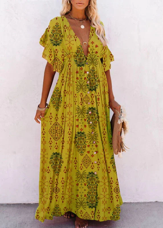 Yellow V Neck Button Maxi Dresses Short Sleeve Elegant Velvet Maxi Dress