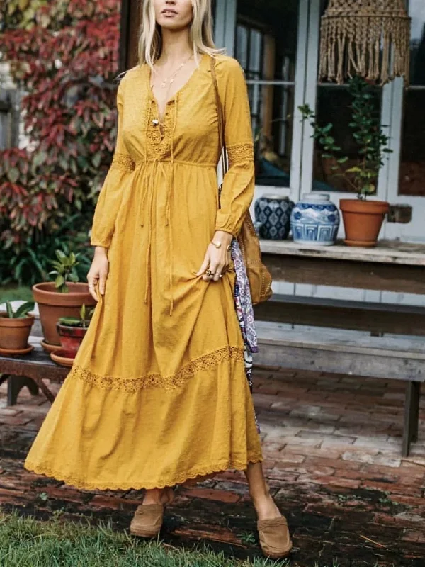 Yellow V Neck Long Sleeve Bohemia Maxi Dress Cozy Ruffle Sleeve Maxi Dress