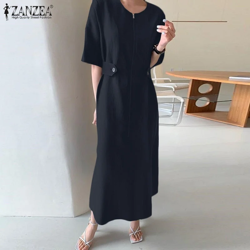 ZANZEA Female Elegant Oneck Chic Vestidos Casual Solid Color Robe Femme Summer Half Sleeve Oversize Maxi Dress Women's Sundress Cozy Cold-Shoulder Maxi Dress