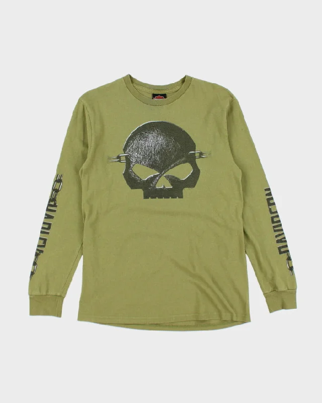 00s Harley Davidson Green Skull Long Sleeved T-Shirt - M Terry Blend Velvet Blend Canvas Blend