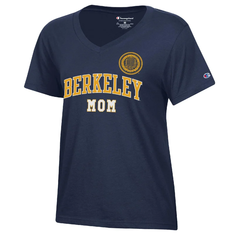 U.C. Berkeley Mom and seal Champion women's V-Neck T-Shirt-Navy Hooded Caped Shawl Collar