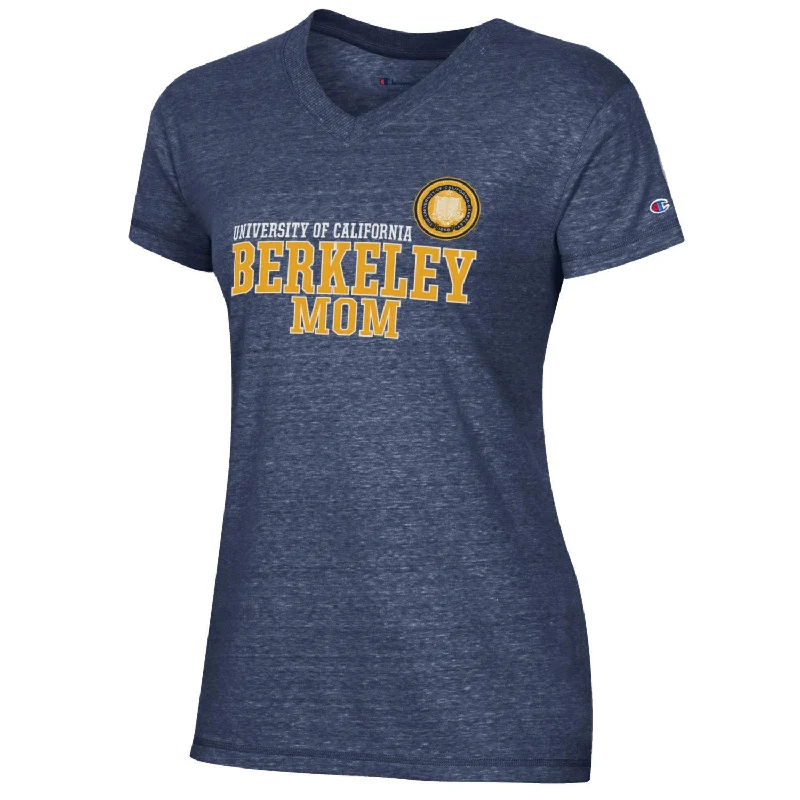 University of California Berkeley Mom and Multi color seal Champion Triumph V-Neck T-Shirt-Navy Ribbed T-Shirt High Neck Heavyweight