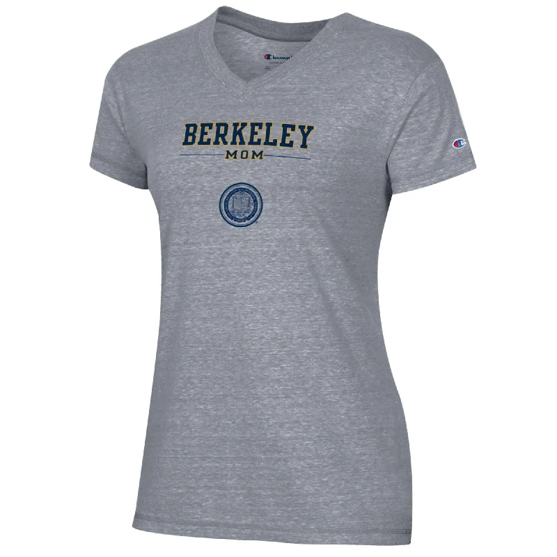 U.C. Berkeley Mom & bear mascot women's Champion Triumph V-neck T-Shirt-Grey Spandex Blend Rayon Blend Denim Blend