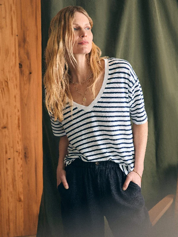 Oceanside Linen V-Neck Tee - Ahoy Stripe Solid Print Embellished