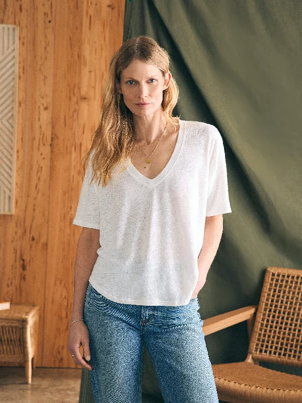 Oceanside Linen V-Neck Tee - White Satin Blend Silk Blend Wool Blend