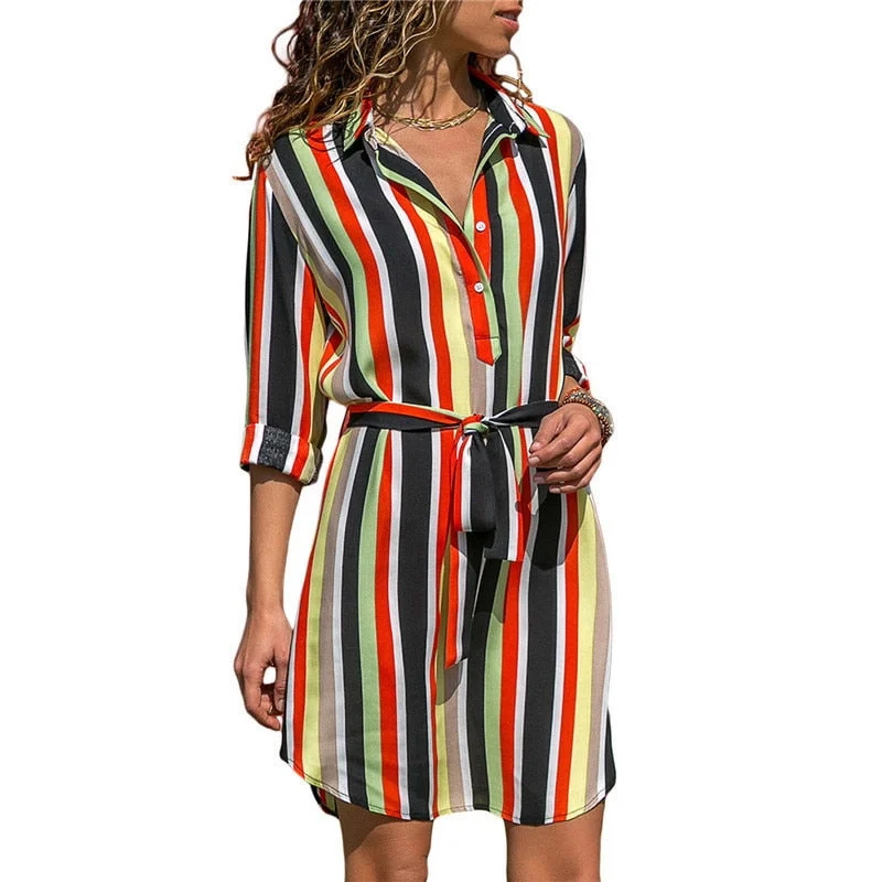 Long Sleeve Shirt Dress 2019 Summer Chiffon Boho Beach Dresses Women Casual Striped Print A-line Mini Party Dress Vestidos Anti-Pilling Machine Wash Handmade