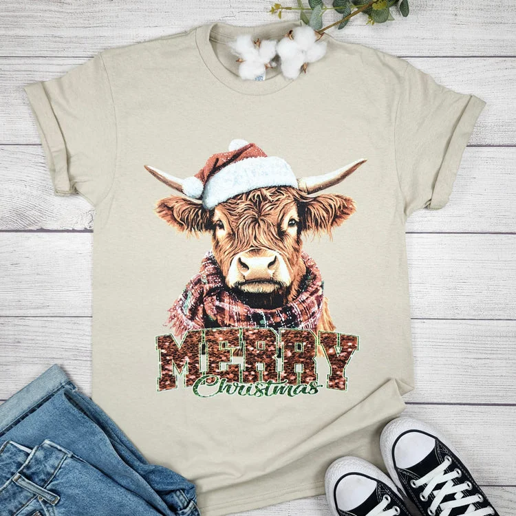 Merry Christmas Highland Cow Tee Chenille Brocade Lace