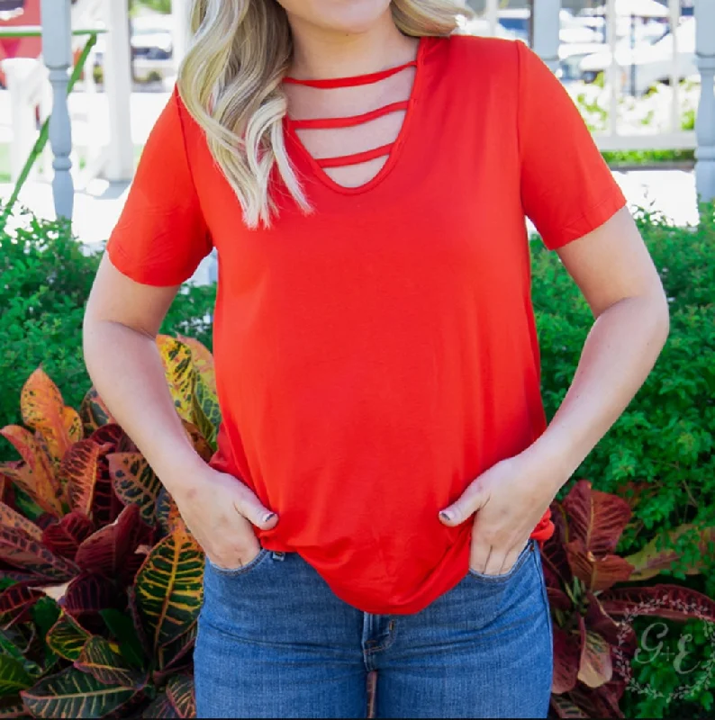 Red Scoop Neck Tee Handmade Hand-knitted Hand-woven