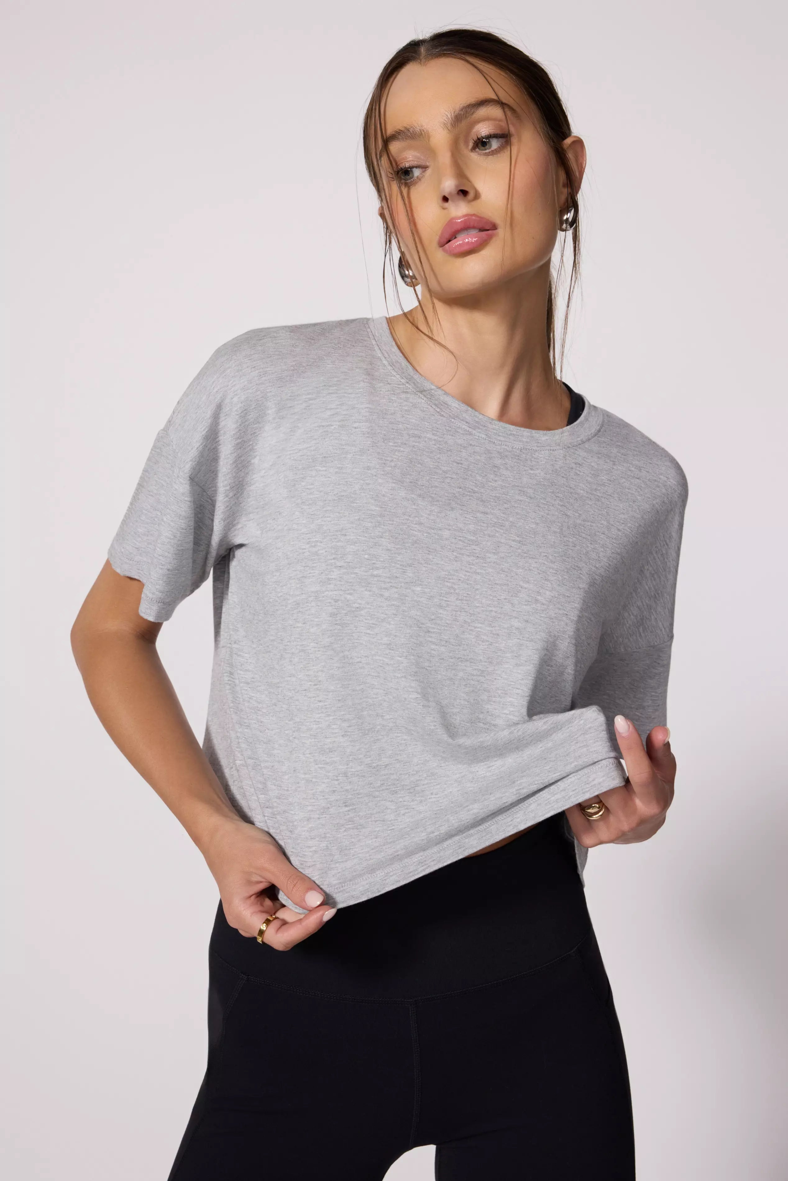 Pima Cotton Boyfriend Tee - Htr Concrete Welt Pockets Slit Pockets Flap Pockets