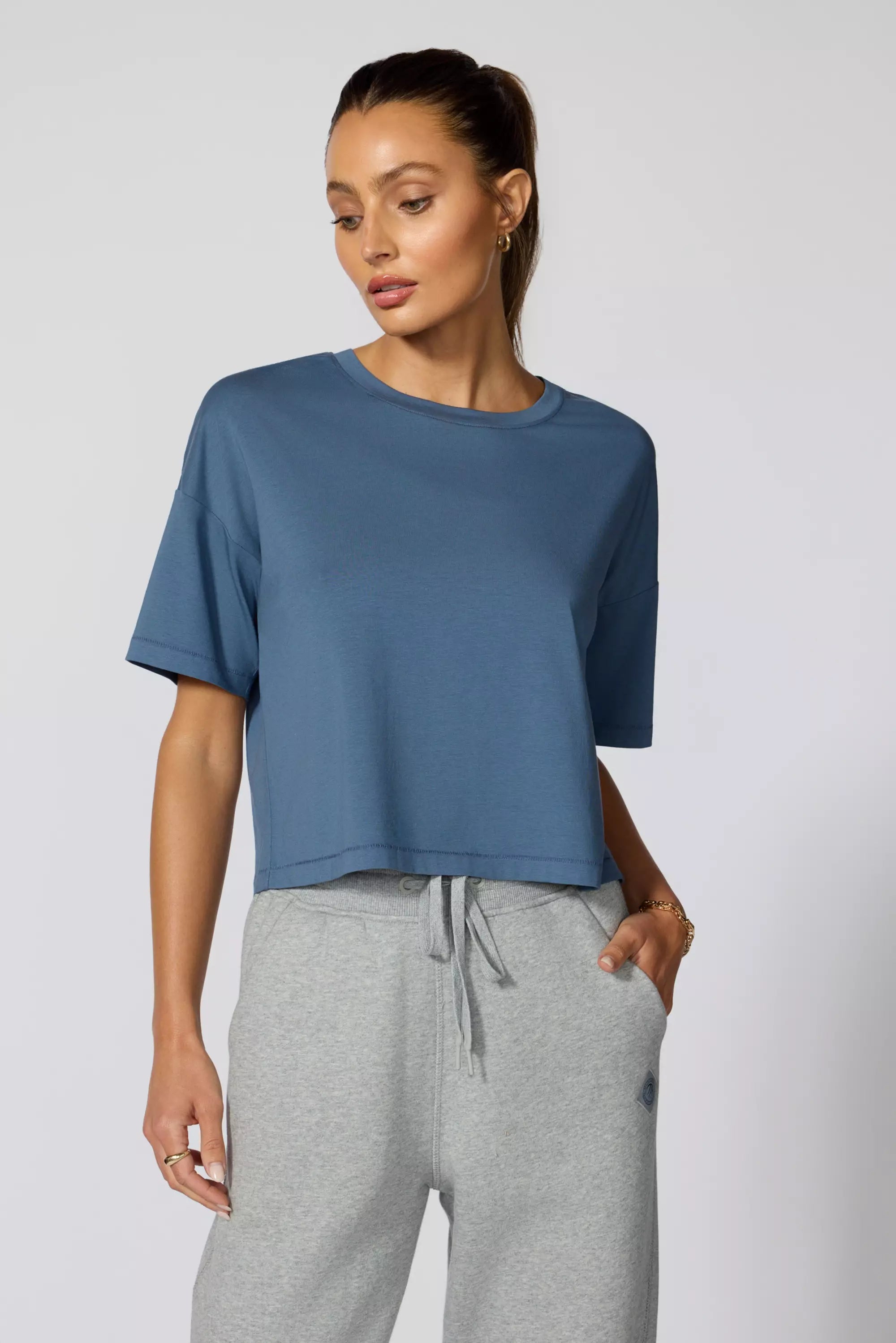 Pima Cotton Boyfriend Tee - Petrol Blue Hooded Caped Shawl Collar