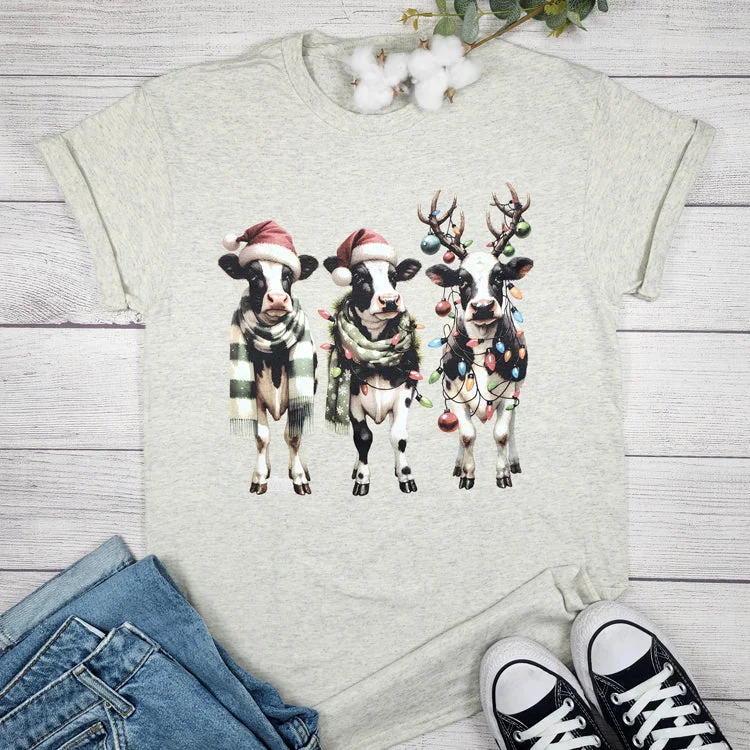 Three Cows Christmas Lights Tee Mesh Fabric Canvas Fabric Denim Fabric