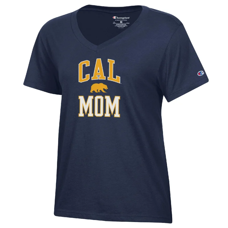 U.C. Berkeley Cal Block Mom Champion women's V-Neck T-Shirt-Navy Fitted T-Shirt Seamless Stretchy