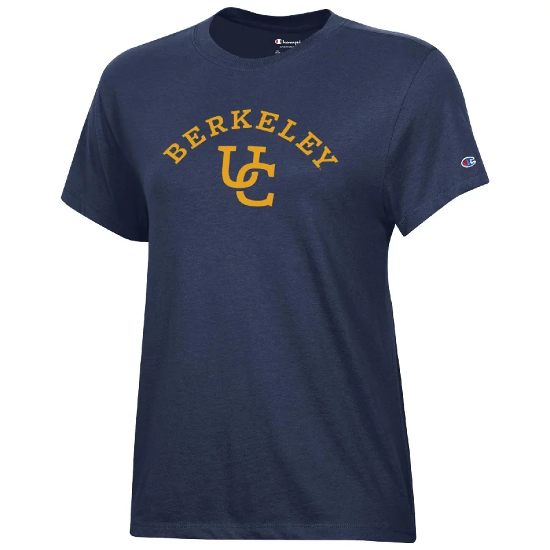 U.C. Berkeley women's Interlocking logo university  crew-neck T-Shirt-Navy Chenille Brocade Lace