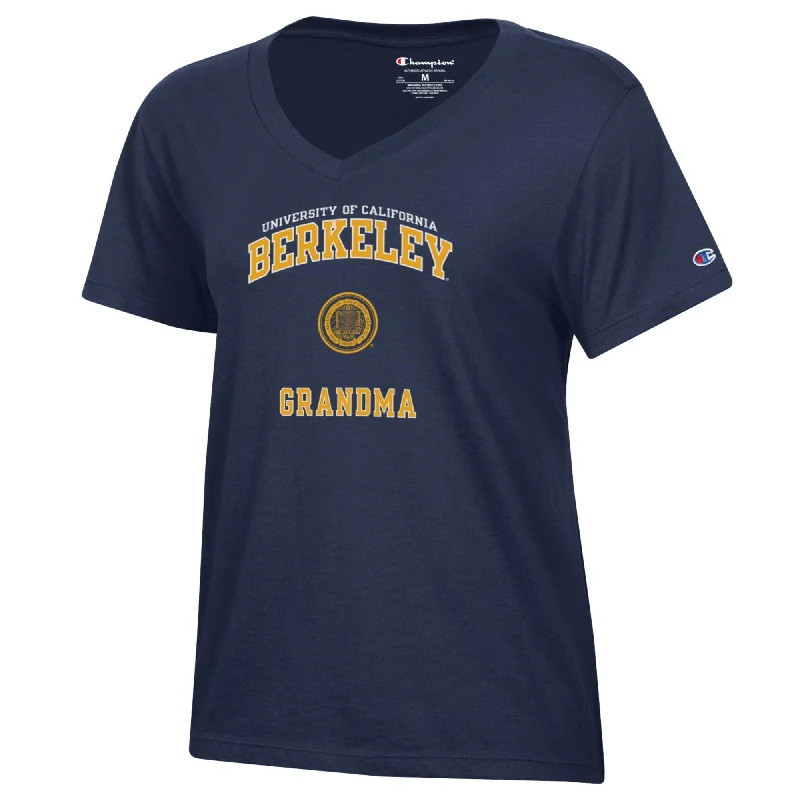 U.C. Berkeley  double arch GrandMa Champion women's V-Neck T-Shirt-Navy Solid Color Striped Floral