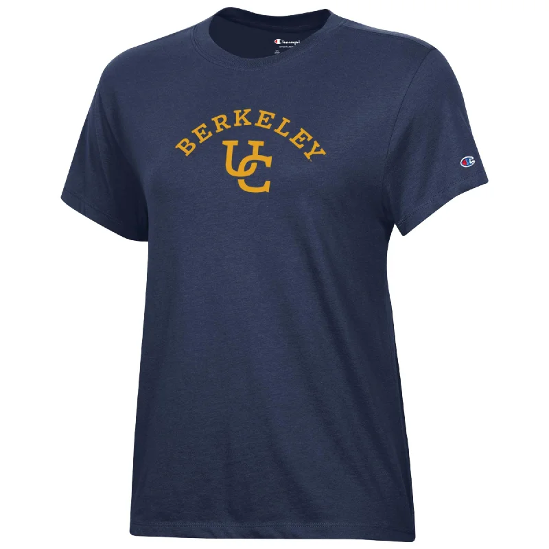 U.C. Berkeley women's Interlocking logo university  crew-neck T-Shirt-Navy Striped Floral Plaid