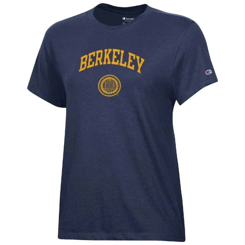 U.C. Berkeley women's Berkeley arch & seal university  crew-neck T-Shirt-Navy Nylon Fabric Polyester Fabric Spandex Fabric