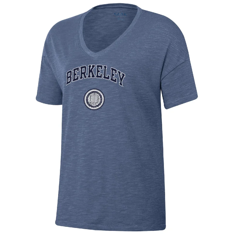 UC Berkeley Cal arch and seal relaxed fit  Boyfriend women's Slub T-Shirt-Blue Mesh Fabric Canvas Fabric Denim Fabric