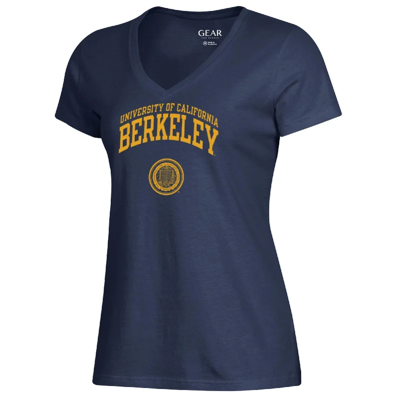 UC Berkeley Cal women's V-Neck relaxed T-Shirt with University of California over Berkeley and seal -Navy Front Pockets Side Pockets Patch Pockets