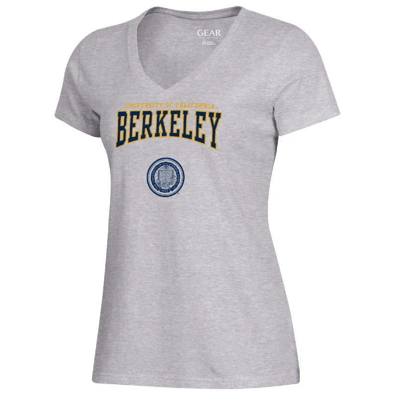 UC Berkeley Cal women's V-Neck relaxed T-Shirt with University of California Berkeley over the school seal-Gray Houndstooth Herringbone Solid