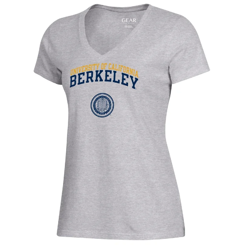 UC Berkeley Cal women's double arch and seal V-Neck relaxed T-Shirt with University of California Berkeley over the school seal-Gray Fashionable Trendy Casual