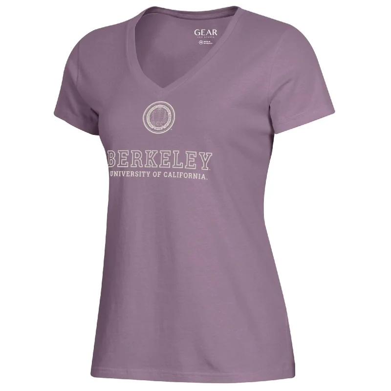 University of California Berkeley seal over stacked University of California Berkeley women's T-Shirt-Plum Ribbed T-Shirt High Neck Heavyweight