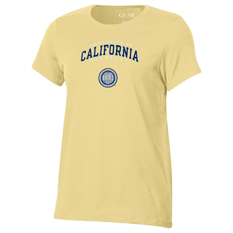 UC Berkeley  three arch and seal V-Neck women's T-Shirt-Butter Hooded Caped Shawl Collar