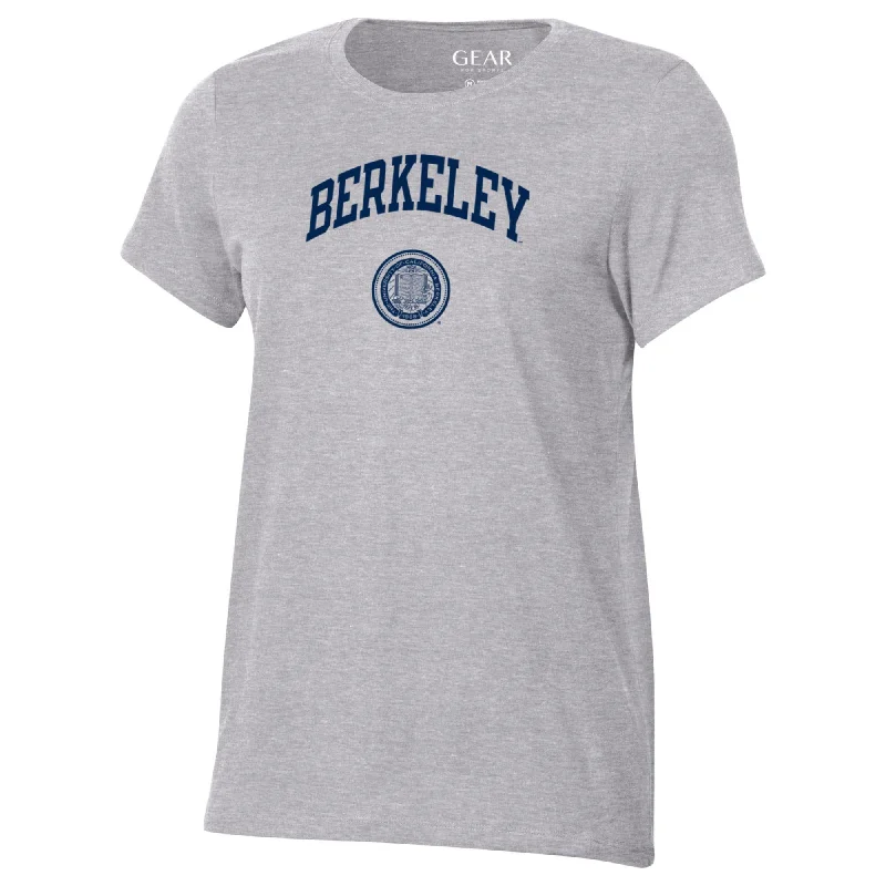 UC Berkeley  women's crew neck Berkeley arch and seal T-Shirt-Gray Lace Blend Ribbed Blend Corduroy Blend