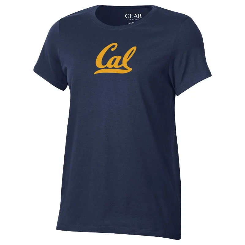 UC Berkeley women's crew neck T-Shirt with gold Script Cal-Navy Polka Dot Checkered Tartan