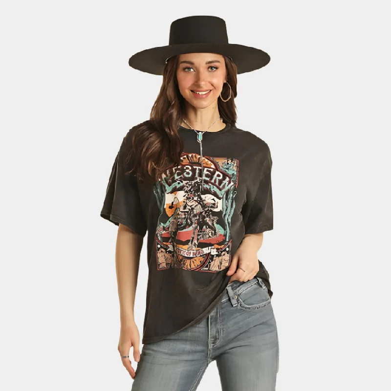 Rock and Roll Denim Graphic Tee Shirt Hooded Caped Shawl Collar