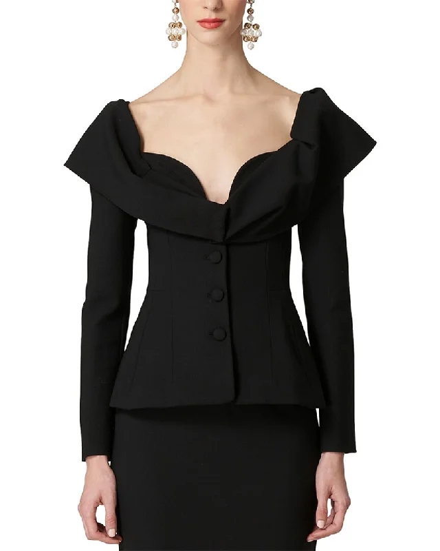 Carolina Herrera Button Front Structured Wool-Blend Jacket V-Neck Jacket Boat Neck Jacket Square Neck Jacket