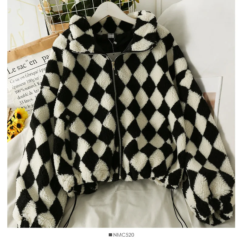 Diamond Plaid high neck bubble sleeve thickened jacket female drawstring lamb wool  2118 Insulated Jacket Fitted Jacket Loose Jacket