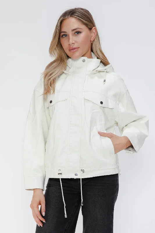 How Dare U Drawstring Hem PU Leather Zip Up Jacket In White One-Shoulder Jacket Off-the-Shoulder Jacket Asymmetrical Jacket