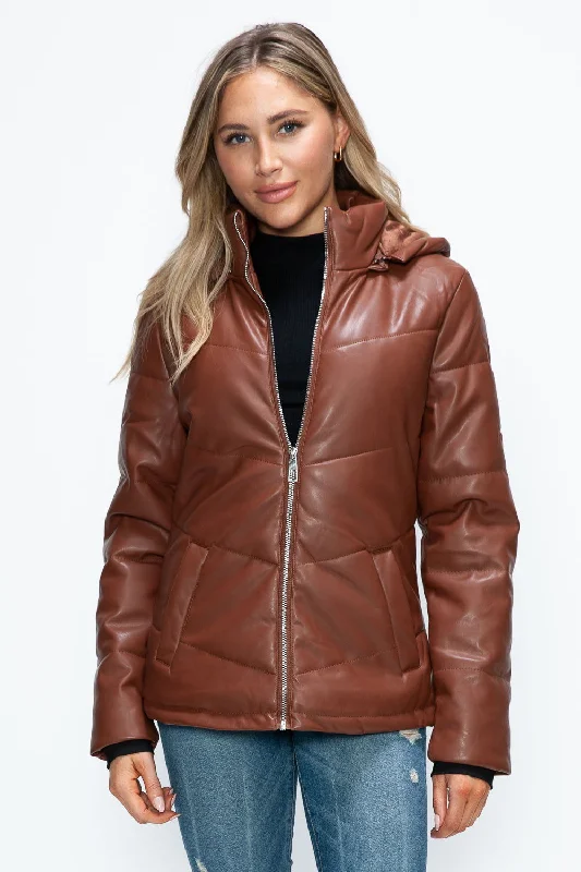 How Dare U Pocketed Zip Up Puffer Jacket with Removable Hood In Brandy Welt Pockets Slit Pockets Flap Pockets