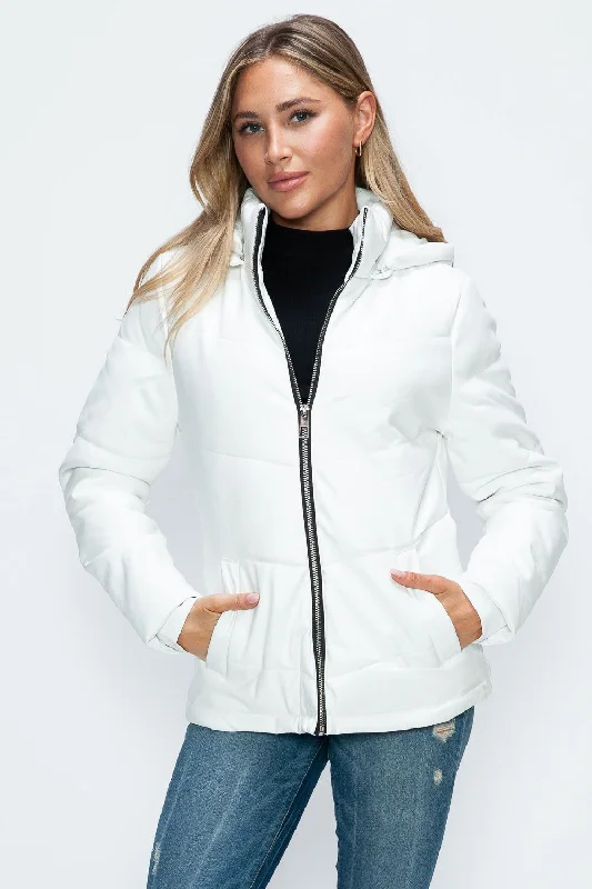 How Dare U Pocketed Zip Up Puffer Jacket with Removable Hood In White Rayon Fabric Velvet Fabric Corduroy Fabric