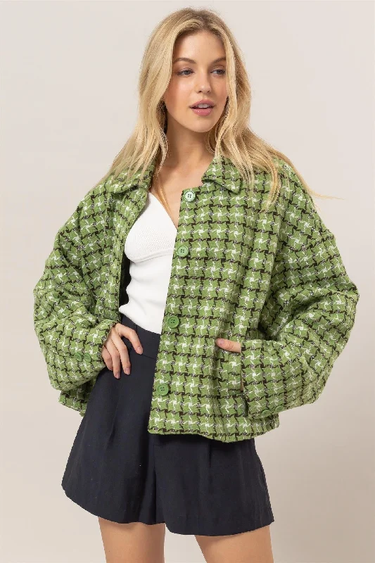 HYFVE Tweed Plaid Button Up Collared Neck Green Jacket Herringbone Jacket Houndstooth Jacket Plaid Jacket