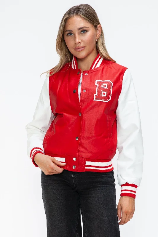 Love Me Now PU Leather Contrast Snap Down Bomber Jacket In Red Elasticated Jacket Padded Jacket Insulated Jacket