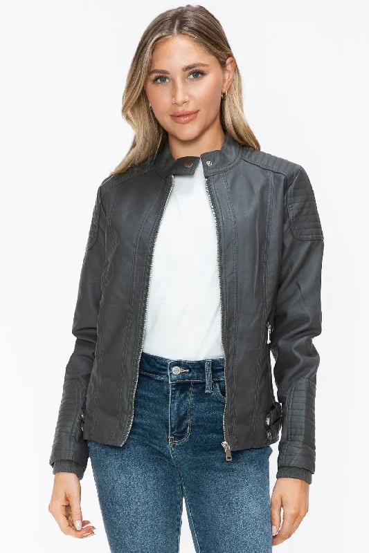 Snobbish Faux Leather Biker Jacket with Side Zip Pockets In Charcoal Snapped Jacket Toggled Jacket Drawstring Jacket